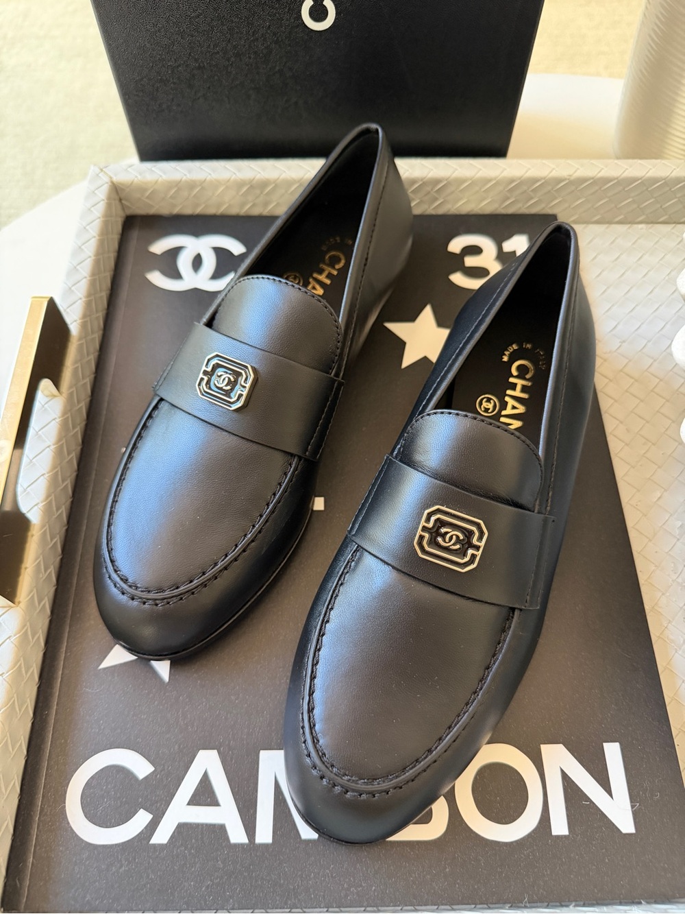 Chanel 2024 Classic Lambskin Leather Black Enamel CC Logo Moccasins Loafers 37c